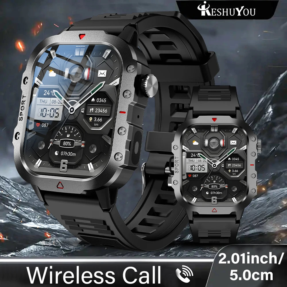 KESHUYOU Outdoor Sports Smart Watch 2.01 inch HD Screen LED Flashlight Bluetooth Talking Smart Watch for Men Women Holiday Gifts